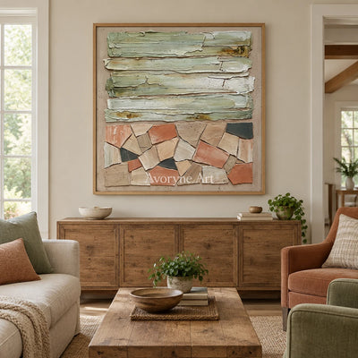 Mineral Field sage geometric relief wall art with a wood frame in a villa living space