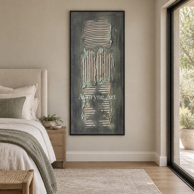 Mineral Reverie sage mineral texture wall art with a black frame above a bed in a bedroom