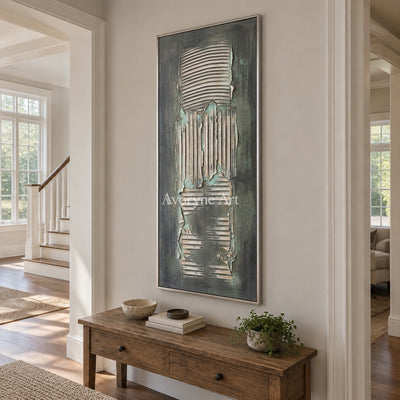 Mineral Reverie sage mineral texture wall art with a silver frame in an entryway