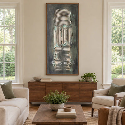 Mineral Reverie sage mineral texture wall art with a wood frame in a villa living space