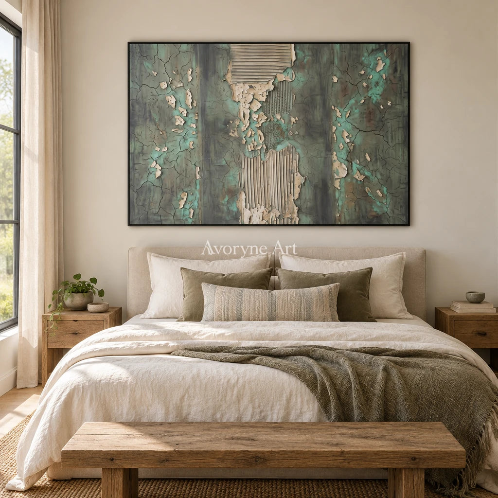 Mineral Solace sage mineral texture wall art with a black frame above a bed in a bedroom