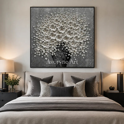 Silver Bloom: Sculptural Floral Texture Wall Art - bedroom black frame