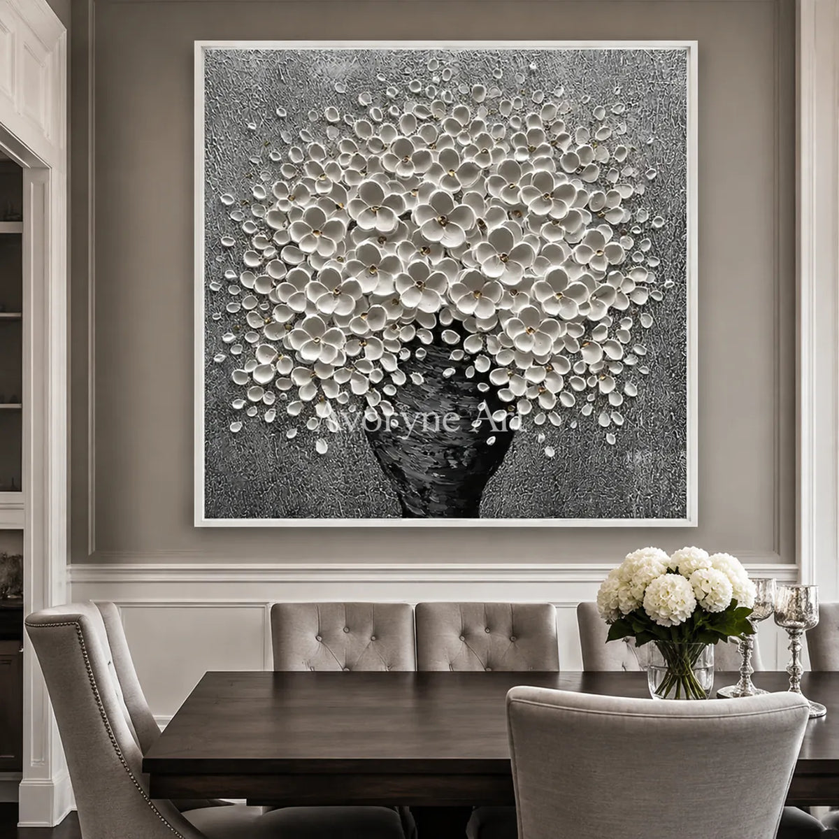 Silver Bloom: Sculptural Floral Texture Wall Art - dining room white frame