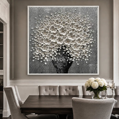 Silver Bloom: Sculptural Floral Texture Wall Art - dining room white frame