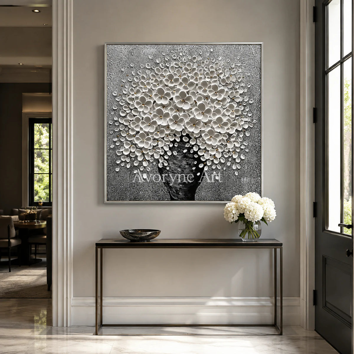 Silver Bloom: Sculptural Floral Texture Wall Art - entryway silver frame