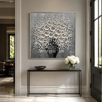 Silver Bloom: Sculptural Floral Texture Wall Art - entryway silver frame