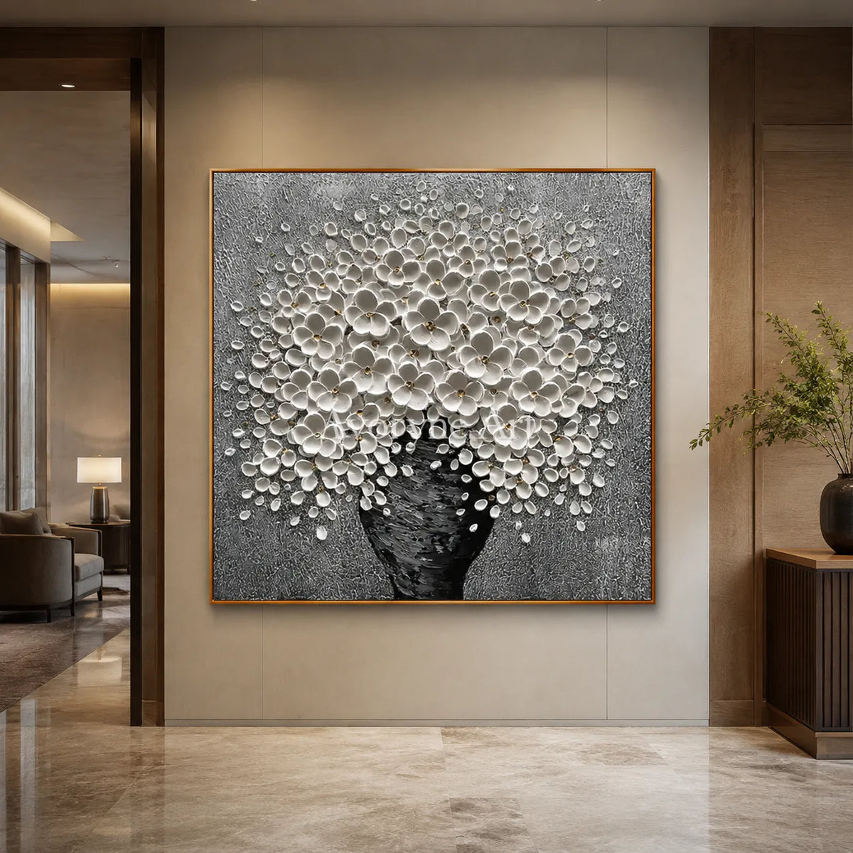 Silver Bloom: Sculptural Floral Texture Wall Art - hotel wood frame