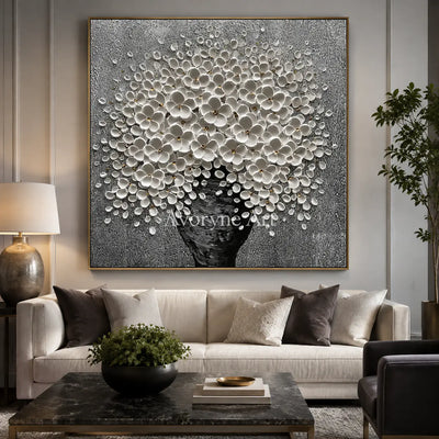 Silver Bloom: Sculptural Floral Texture Wall Art - living room gold frame