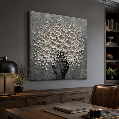 Silver Bloom: Sculptural Floral Texture Wall Art - office frameless