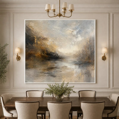 Silver Horizon: Abstract Landscape Wall Art - dining room white frame