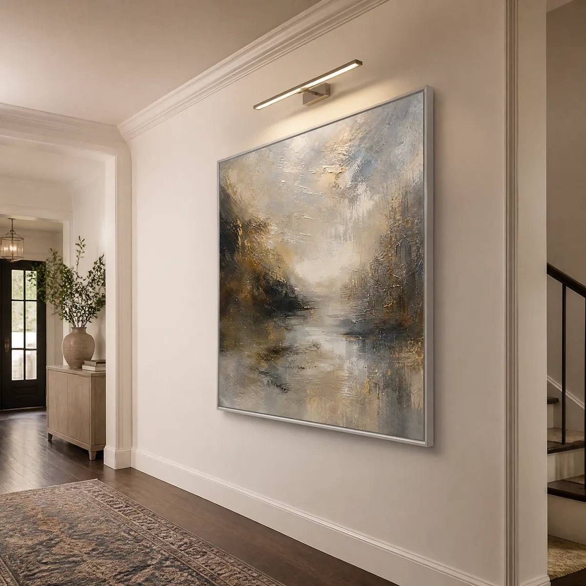 Silver Horizon: Abstract Landscape Wall Art - hallway silver frame