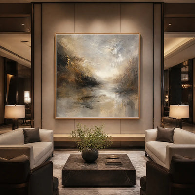 Silver Horizon: Abstract Landscape Wall Art - hotel wood frame