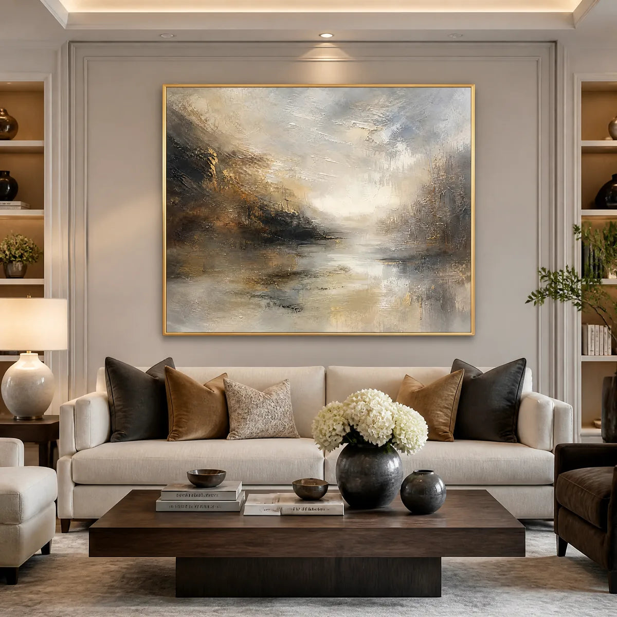 Silver Horizon: Abstract Landscape Wall Art - living room gold frame
