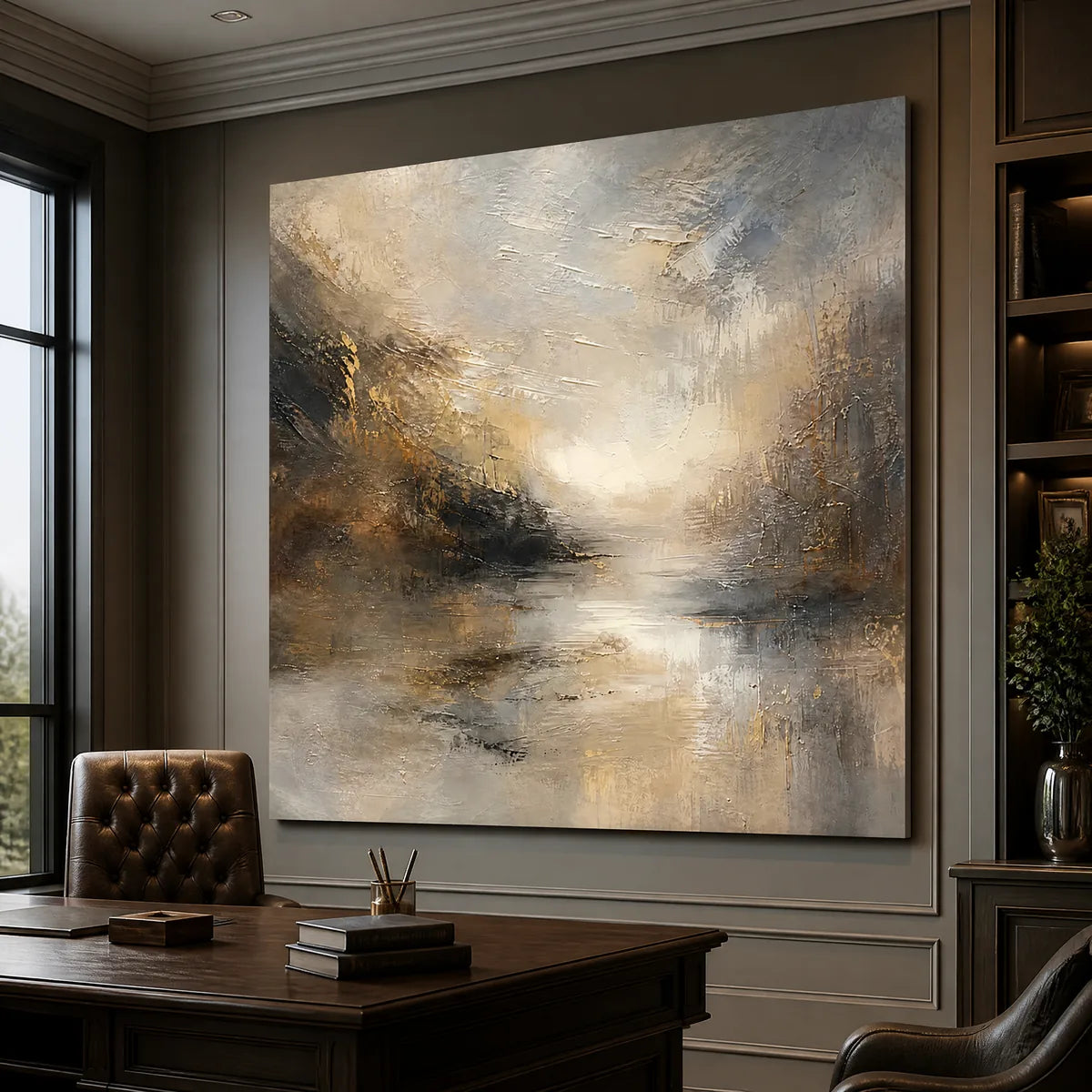Silver Horizon: Abstract Landscape Wall Art - office stretched canvas