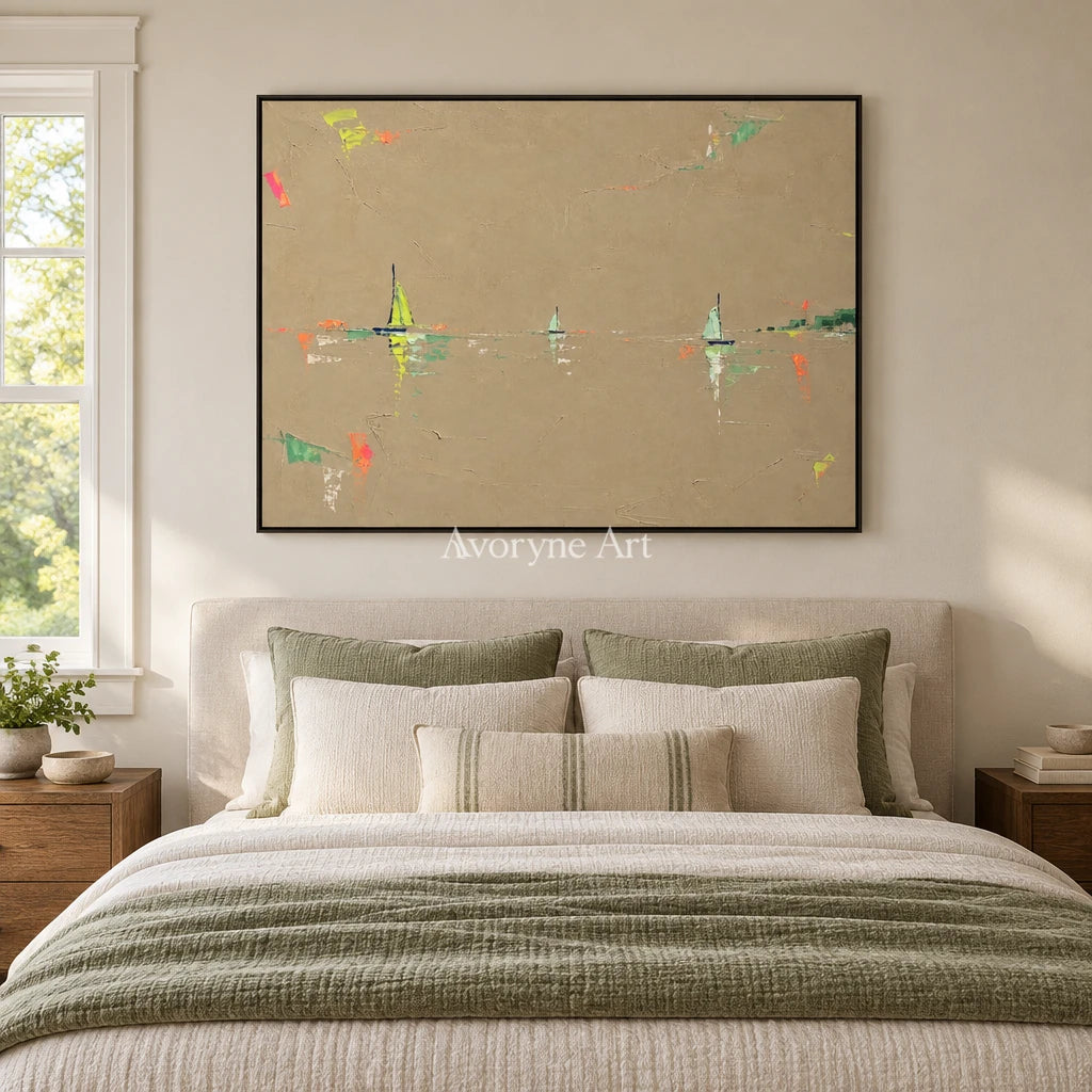 Still Interval small figure landscape wall art with a black frame above a bed in a bedroom
