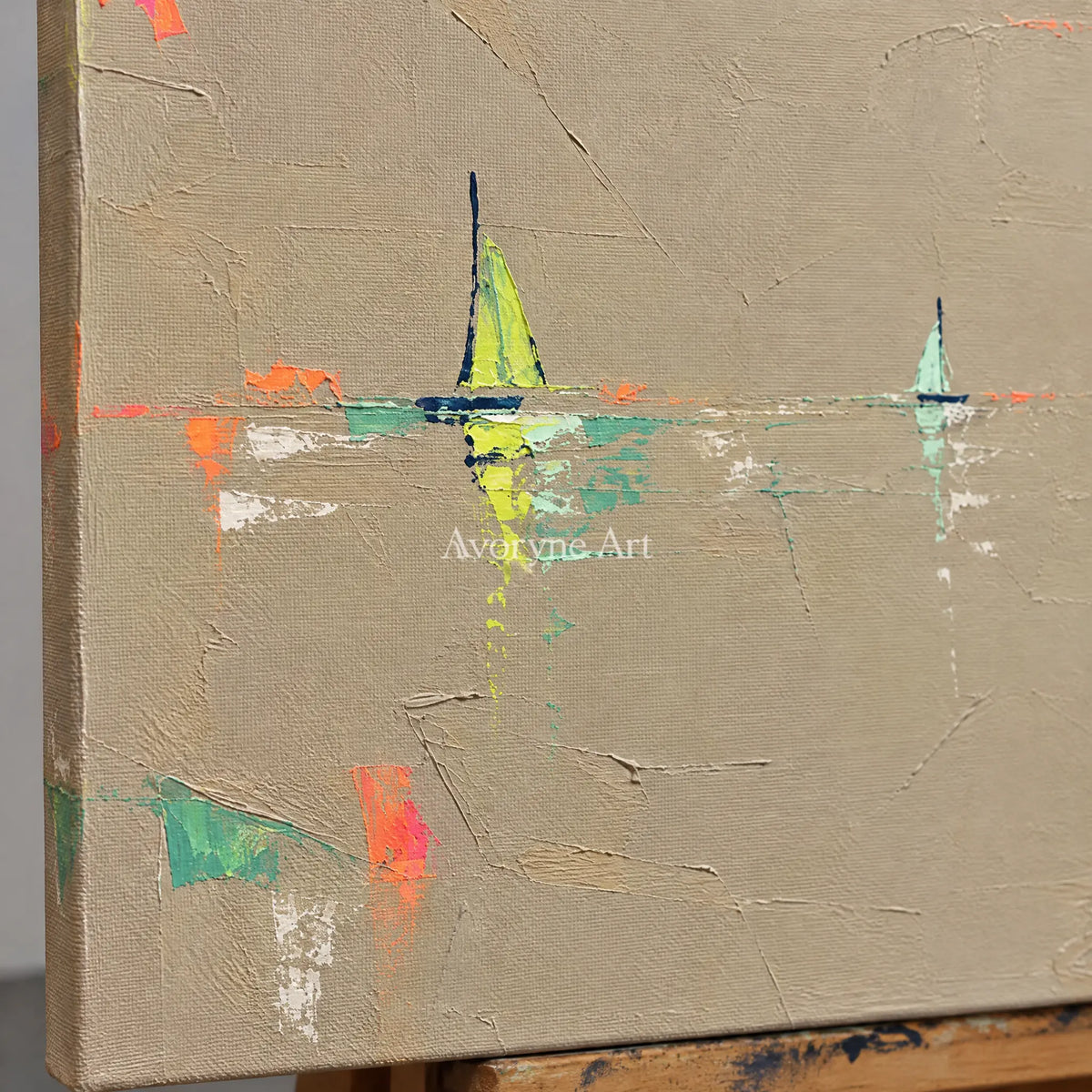 Close-up of the hand-painted texture of Still Interval small figure landscape wall art on an easel
