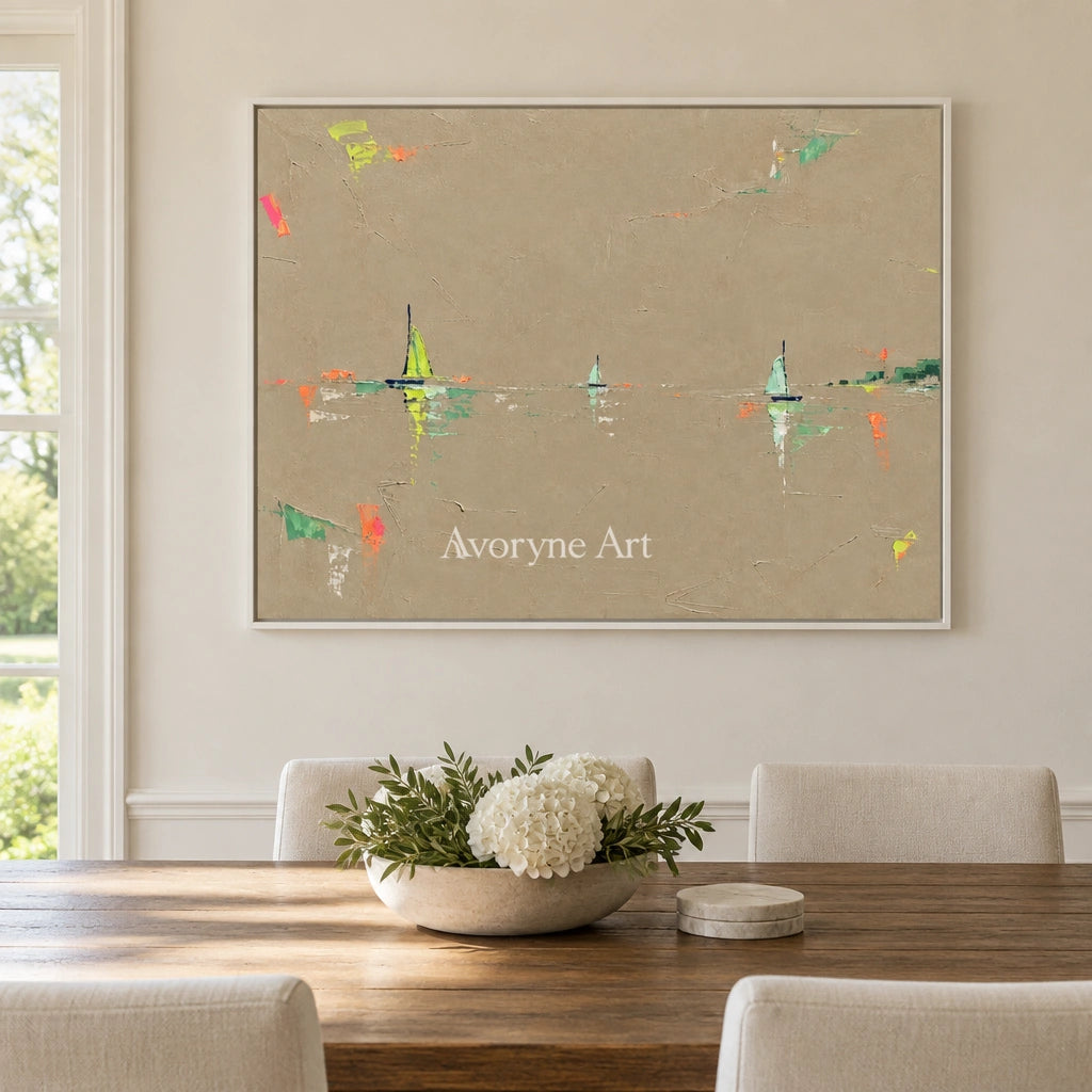 Still Interval small figure landscape wall art with a white frame in a dining room