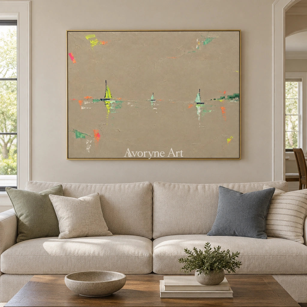Still Interval small figure landscape wall art with a gold frame hanging in a living room