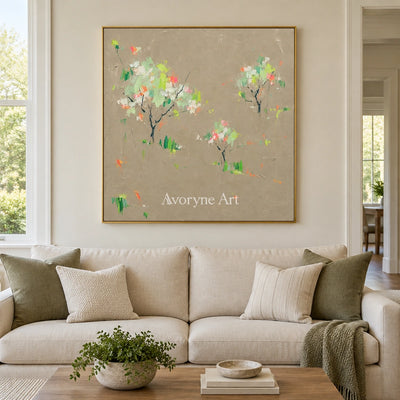 Still Rhythm small figure landscape wall art with a gold frame hanging in a living room