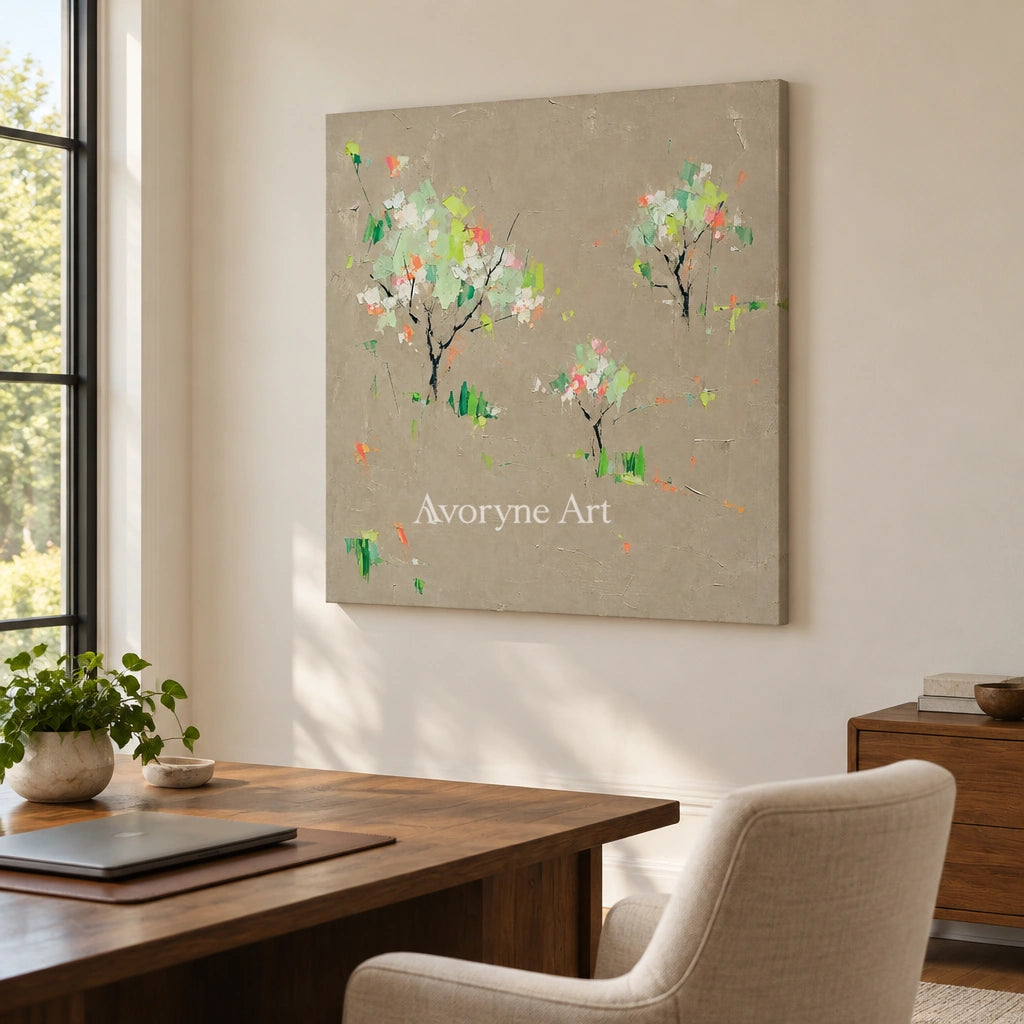 Still Rhythm small figure landscape wall art as a frameless stretched canvas in a home office