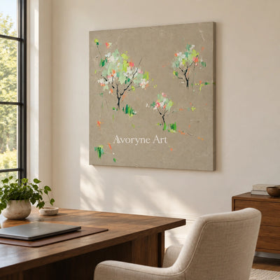 Still Rhythm small figure landscape wall art as a frameless stretched canvas in a home office