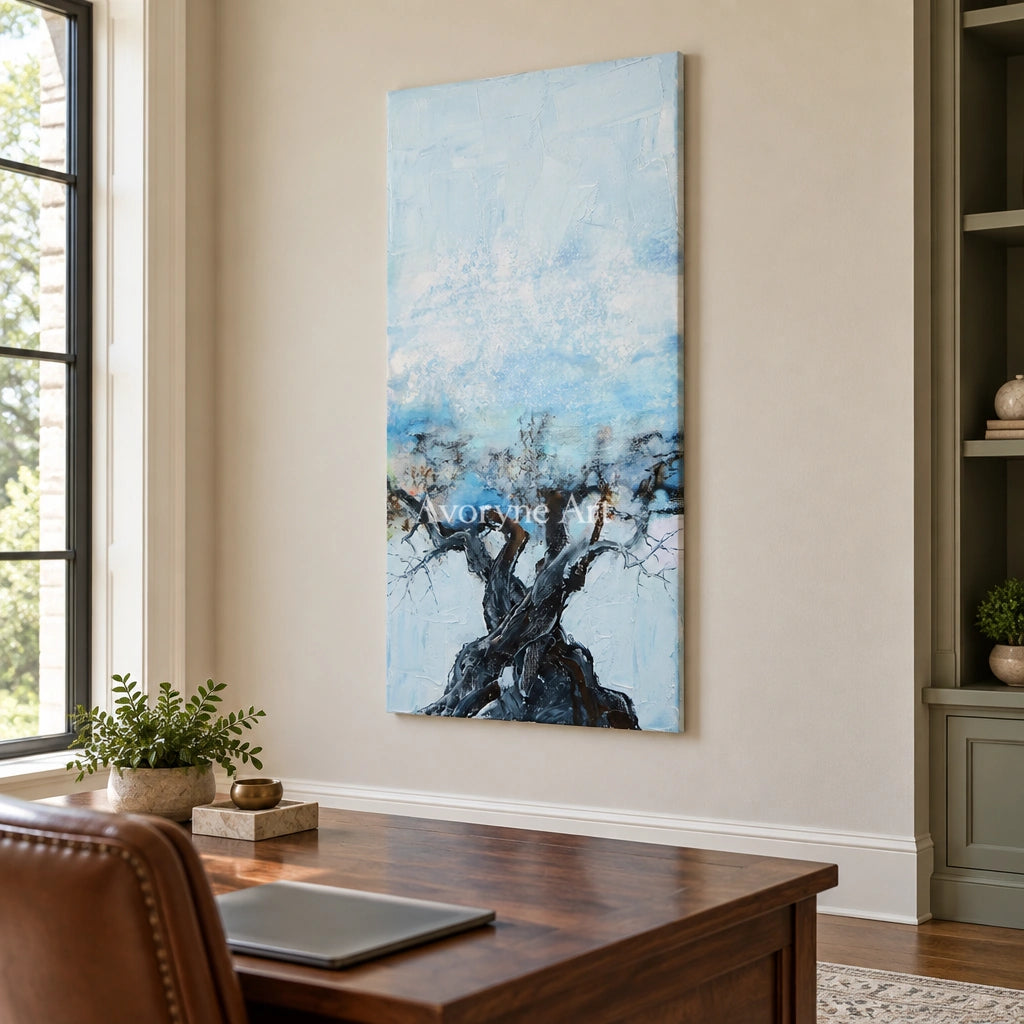 Blue Story snow branch wall art as a frameless stretched canvas in a home office