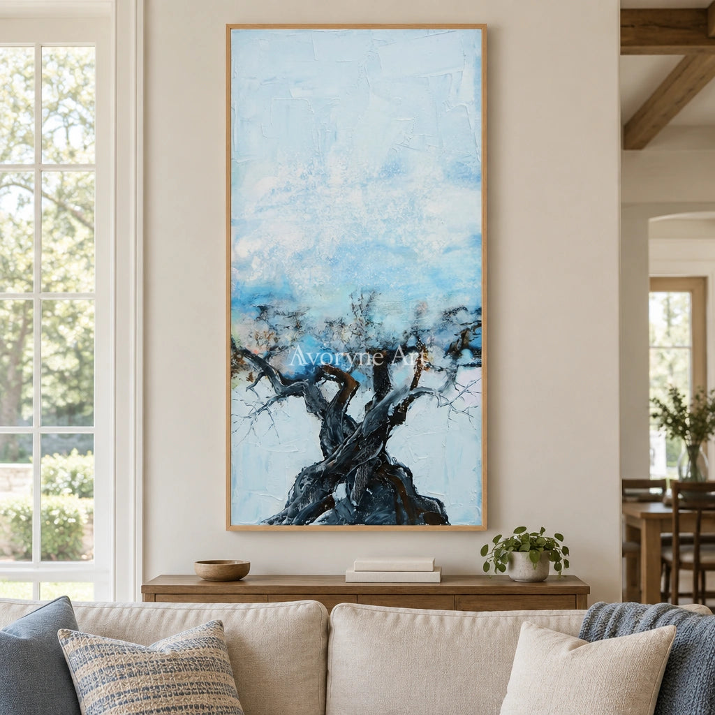 Blue Story snow branch wall art with a wood frame in a villa living space