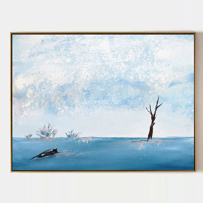 Blue Current, hand-painted snow branch wall art by Chen Wei
