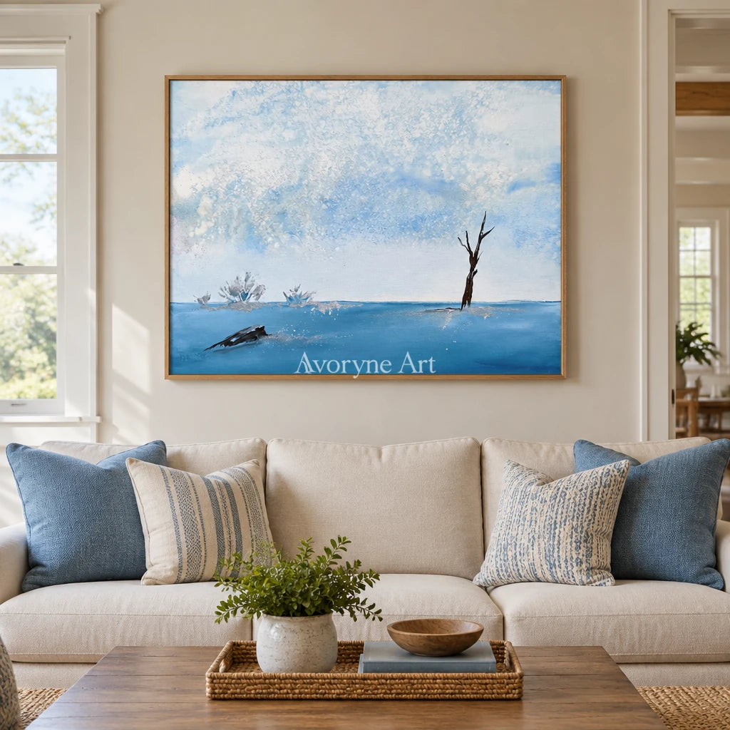 Blue Current snow branch wall art with a wood frame in a villa living space