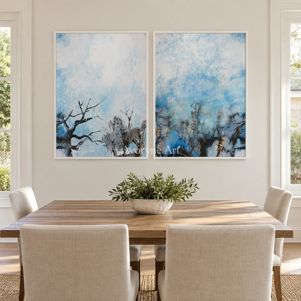 Pale Mosaic snow branch diptych with a white frame in a dining room