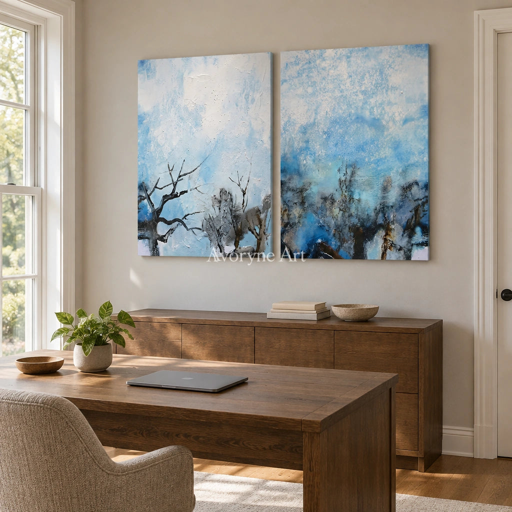 Pale Mosaic snow branch diptych as a frameless stretched canvas in a home office