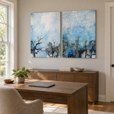 Pale Mosaic snow branch diptych as a frameless stretched canvas in a home office