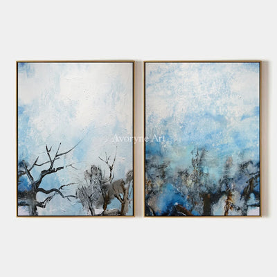 Pale Mosaic, hand-painted snow branch diptych by Chen Wei