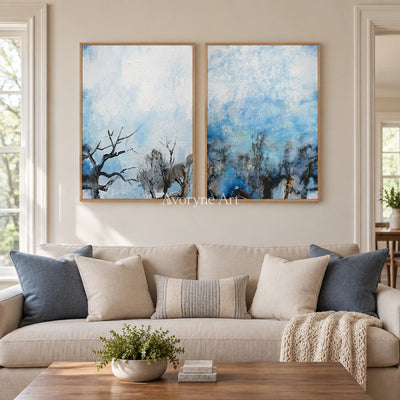 Pale Mosaic snow branch diptych with a wood frame in a villa living space