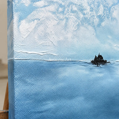 Close-up of the hand-painted texture of Deep Passage snow branch triptych on an easel