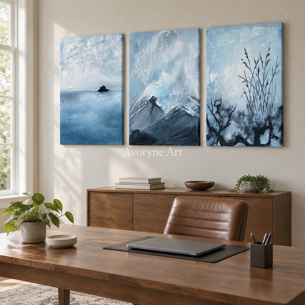 Deep Passage snow branch triptych as a frameless stretched canvas in a home office