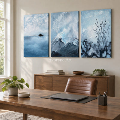 Deep Passage snow branch triptych as a frameless stretched canvas in a home office
