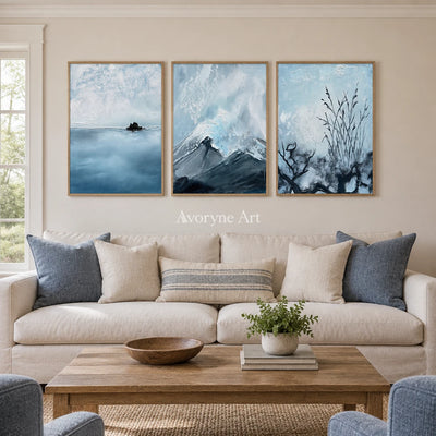 Deep Passage snow branch triptych with a wood frame in a villa living space