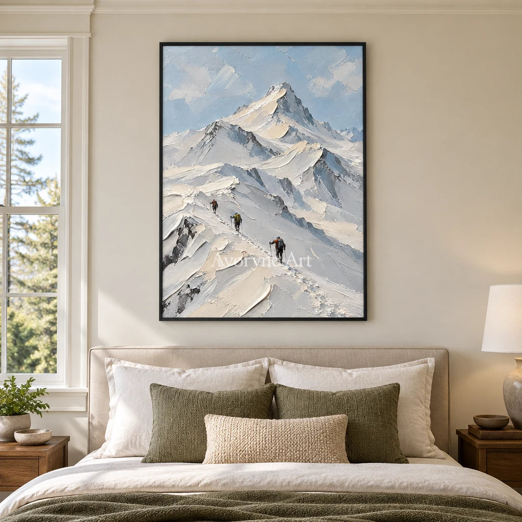 Summit Traces: Snowy Mountain Landscape Wall Art — bedroom black