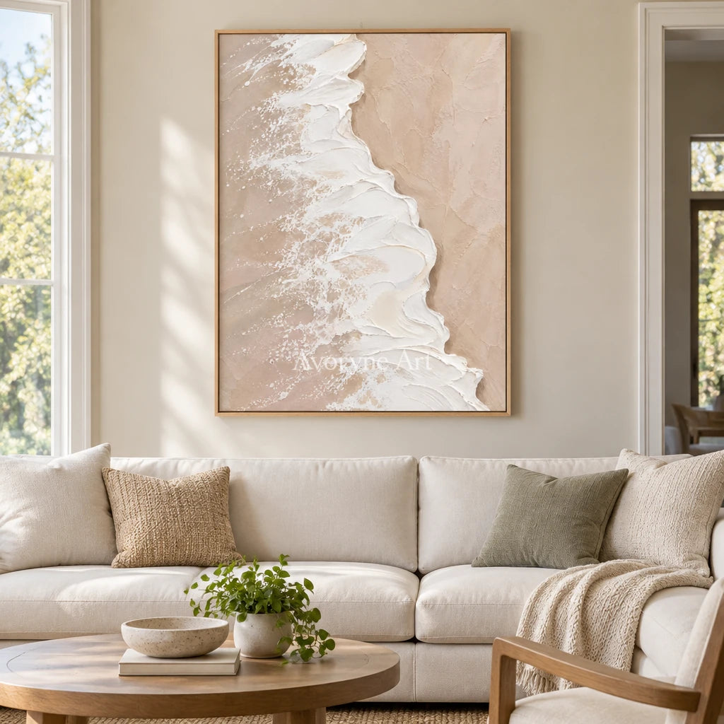 Blush Tide: Soft Coastal Impasto Wall Art — villa wood
