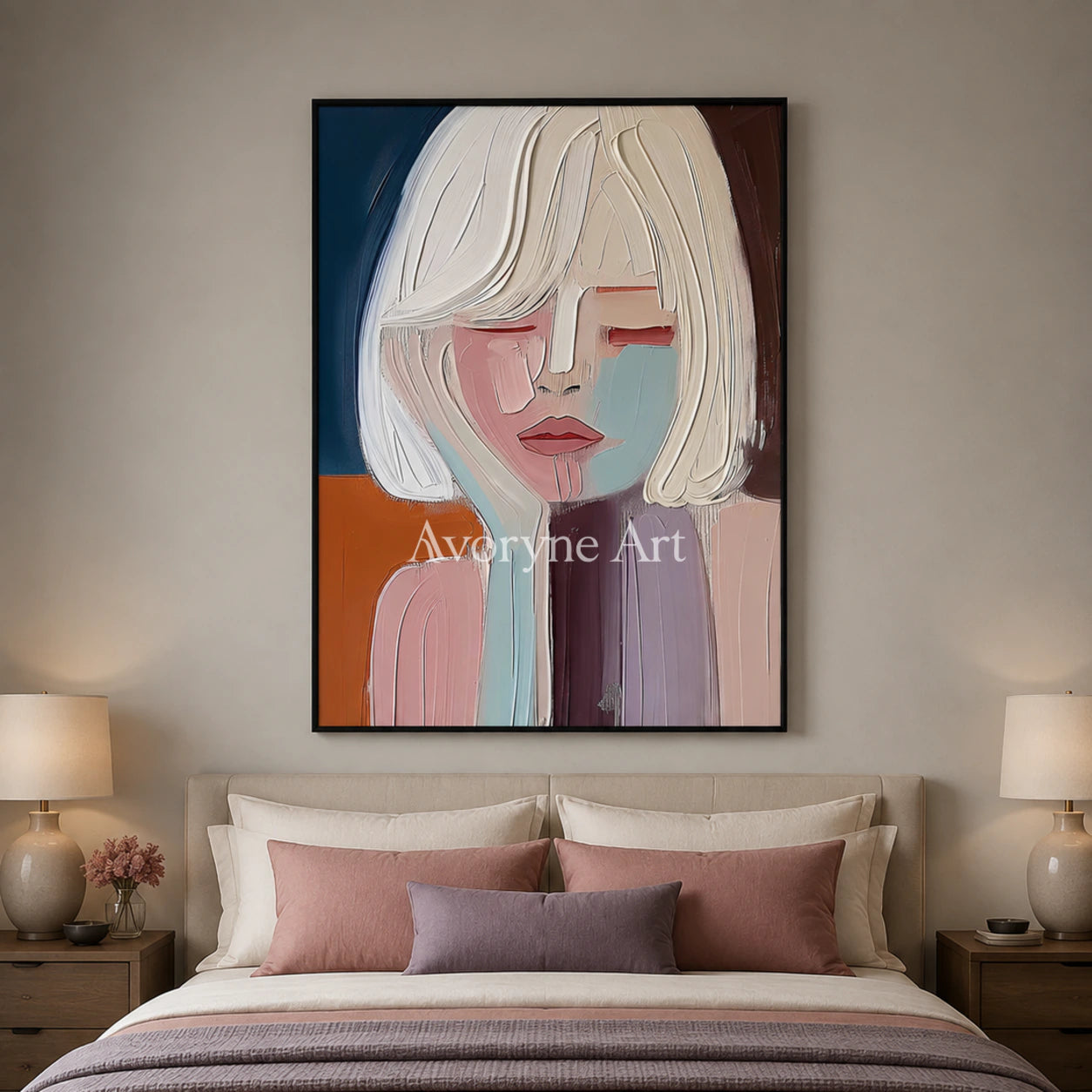 Blushed Reverie: Soft Expressionist Portrait Wall Art - bedroom black frame