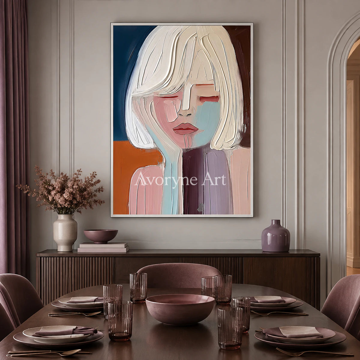 Blushed Reverie: Soft Expressionist Portrait Wall Art - dining room white frame