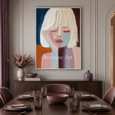 Blushed Reverie: Soft Expressionist Portrait Wall Art - dining room white frame