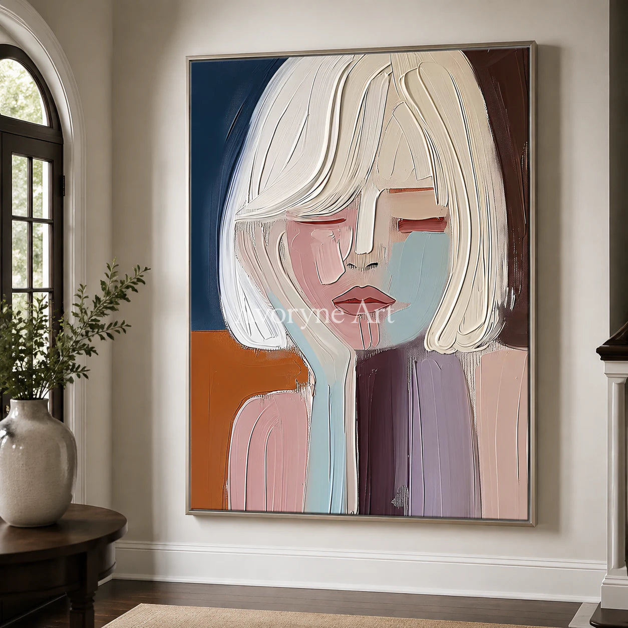 Blushed Reverie: Soft Expressionist Portrait Wall Art - entryway silver frame