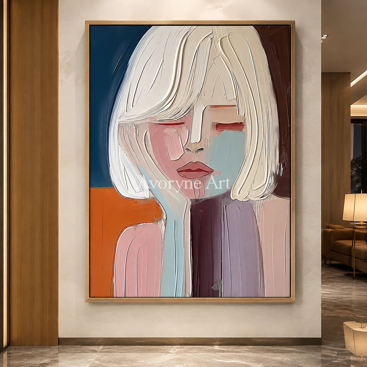 Blushed Reverie: Soft Expressionist Portrait Wall Art - hotel wood frame
