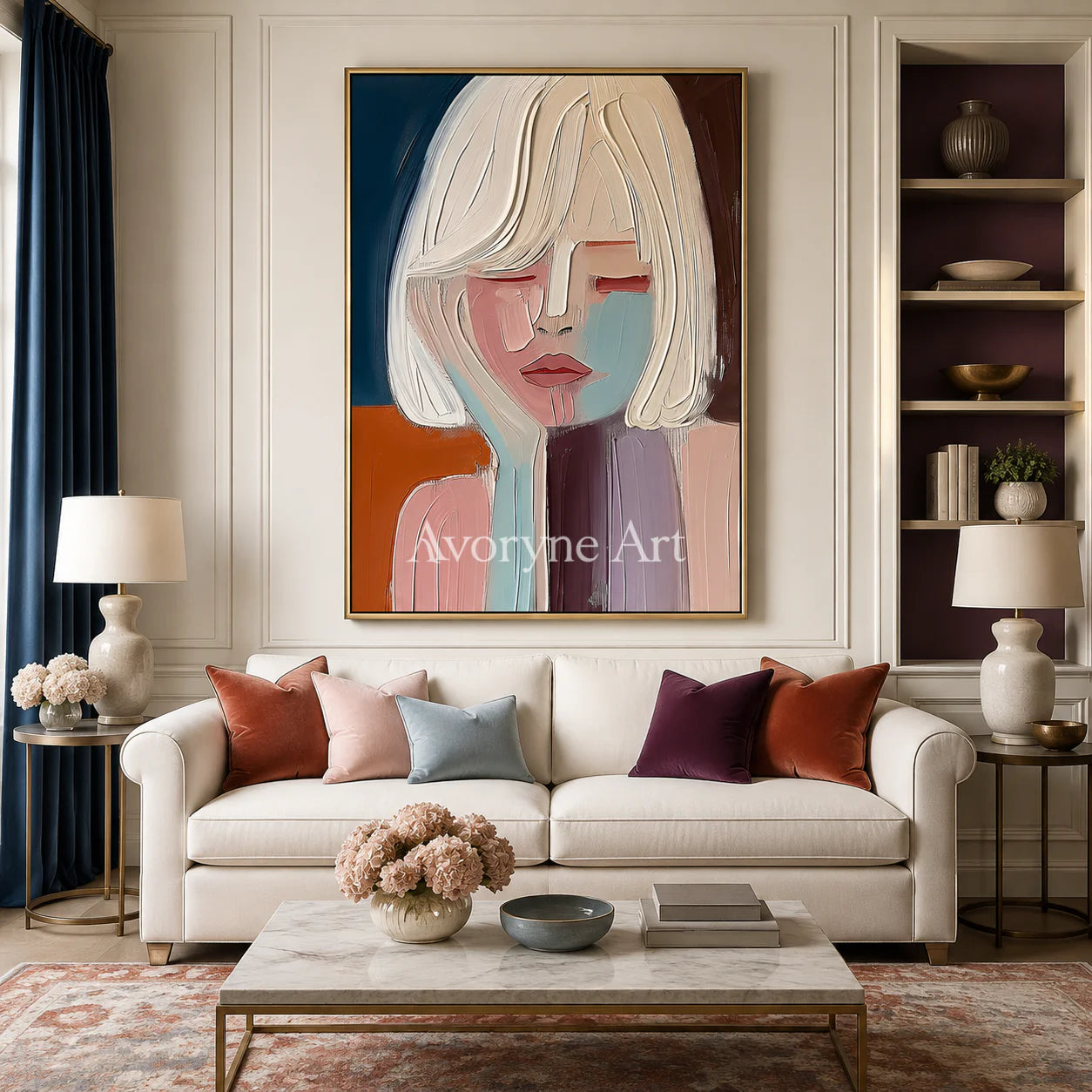 Blushed Reverie: Soft Expressionist Portrait Wall Art - living room gold frame