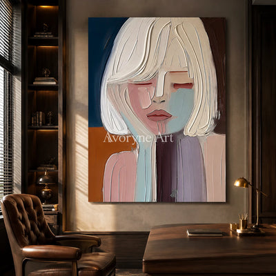 Blushed Reverie: Soft Expressionist Portrait Wall Art - office frameless