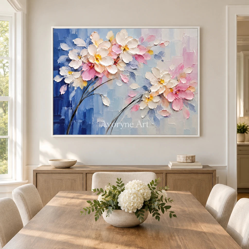 Meadow Hush: Soft Floral Landscape Wall Art — dining white