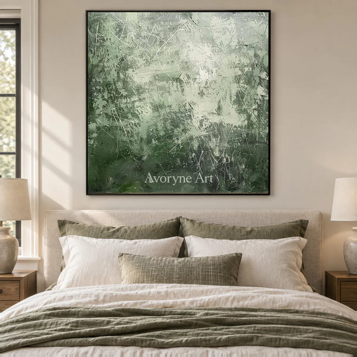 Pale Verdant Traces: Soft Green Textured Drip Abstract Wall Art — bedroom black