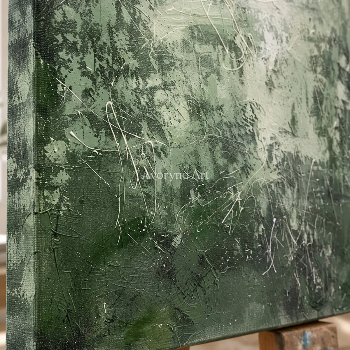 Pale Verdant Traces: Soft Green Textured Drip Abstract Wall Art — detail easel